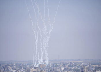 Rockets are launched from the Gaza Strip towards Israel, on Gaza City, Wednesday, May 10, 2023. Israeli aircraft struck targets in the Gaza Strip for a second straight day on Wednesday, killing at least one Palestinian and pushing the region closer toward a new round of heavy fighting. (AP Photo/Hatem Moussa)
