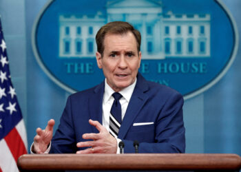 FILE PHOTO: John Kirby, National Security Council Coordinator for Strategic Communications, answers questions during the daily press briefing at the White House in Washington, U.S., February 17, 2023. REUTERS/Evelyn Hockstein