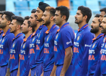 The Indian players line up for the national anthem ahead of the Asia Cup match against Afghanistan. Photo: AFP/Surjeet Yadav