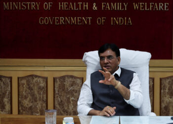 India's Chemicals and Fertilizers Minister Mansukh Mandaviya, who is also Union Minister of Health and Family Welfare, gestures during his interview with Reuters at his office in New Delhi, India, July 15, 2022. REUTERS/Anushree Fadnavis