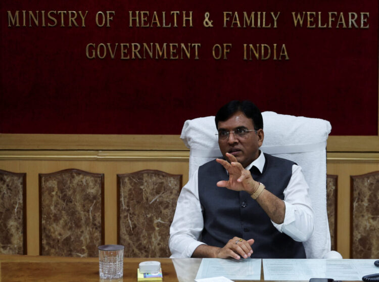 India's Chemicals and Fertilizers Minister Mansukh Mandaviya, who is also Union Minister of Health and Family Welfare, gestures during his interview with Reuters at his office in New Delhi, India, July 15, 2022. REUTERS/Anushree Fadnavis