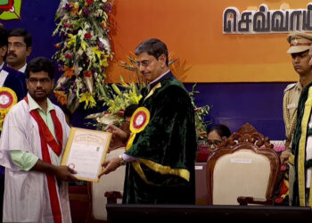TN Governor Ravi presenting a degree certificate to a student, while Suman Bery, Vice Chairman of NITI Aayog, and Higher Education Minister Ponmudy look on. Photo Courtesy: Anna University