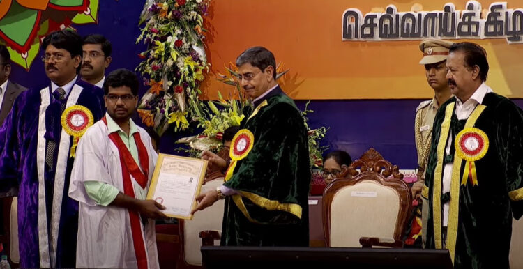 TN Governor Ravi presenting a degree certificate to a student, while Suman Bery, Vice Chairman of NITI Aayog, and Higher Education Minister Ponmudy look on. Photo Courtesy: Anna University