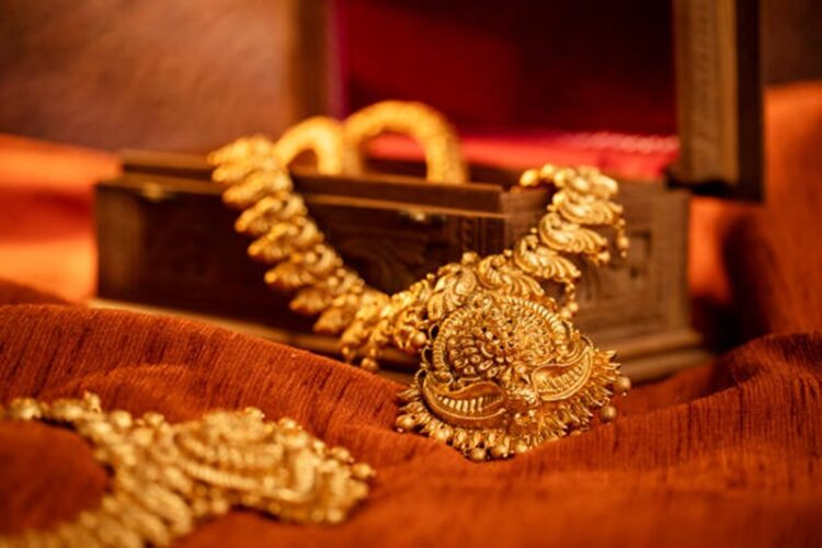 Indian Traditional Gold Necklace shot in studio light.